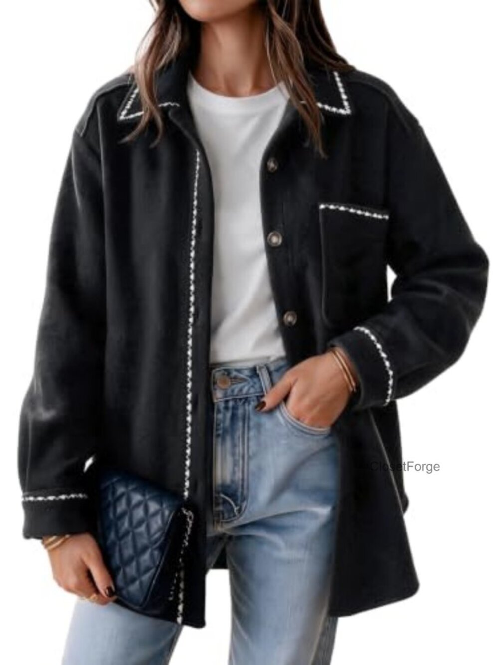Wool Blend Oversized Shacket Button Front Chest Pockets Fall Layer